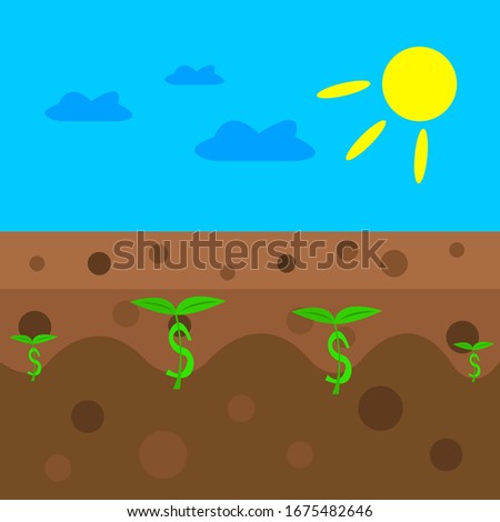 sprouts with a stalk in the shape of a dollar icon grow in a field under a blue sky the concept of agriculture and industry