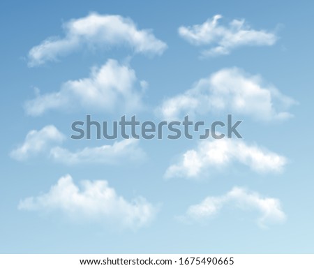 Set of transparent different clouds isolated on blue background. Real transparency effect. Vector illustration EPS10 Royalty-Free Stock Photo #1675490665