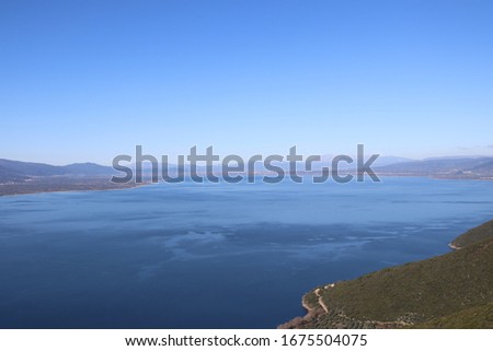 Lake trichonida aerial view in aetolia-akarnania Royalty-Free Stock Photo #1675504075