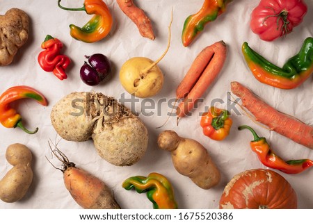 Trendy ugly organic vegetables. Assortment of fresh eggplant, onion, carrot, zucchini on green background. Top view. Cooking ugly food concept. Non gmo vegetables Royalty-Free Stock Photo #1675520386
