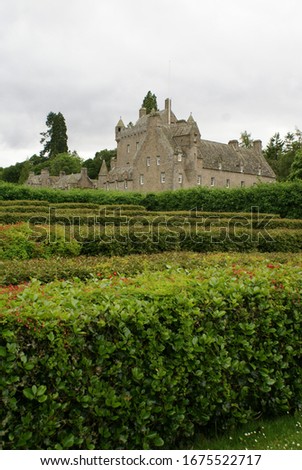 Cawdor Castle, Scotland (UK): the maze in the gardens, with the castle in the background