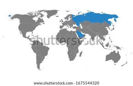 Saudi arabia, Russia countries highlighted on world map. Gray background. Perfect for Business concepts, backgrounds, backdrop, chart, label, sticker, banner, poster and wallpapers.