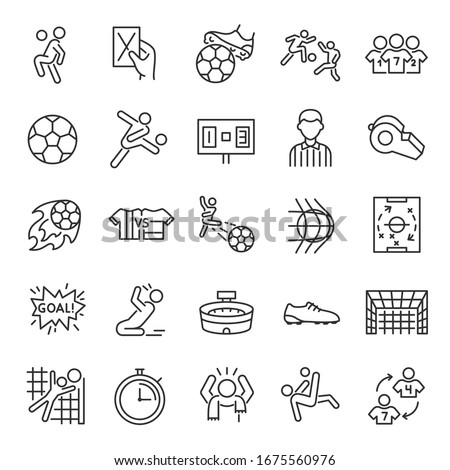Football, icon set. Soccer. Kicking a ball, team, rule, goal, players, etc linear icons. Line with editable stroke