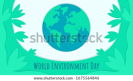 Vector illustration, environment day concept, ecology. Minimalistic design of planet Earth in blue and green. Abstract waves with 3D effect, in the style of paper art in the form of leaves.