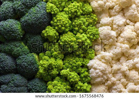 Set of broccoli, cauliflower and roman cauliflower. Fresh cabbage background. Green vegetable texture. Top view. Healthy vegetarian food. Veg concept. Royalty-Free Stock Photo #1675568476