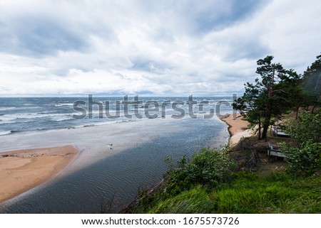 Dramatic sky and waves, aerial view of the seacoast. Pine forest in the background. Stormy weather. Baltic sea, Latvia