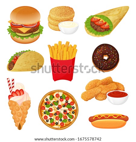 set of fast food icons on white background. Cartoon style. Vector illustration. Isolated on white. Object for packaging, advertisements, menu. Burger, pizza, burito, tacos, hotdog.