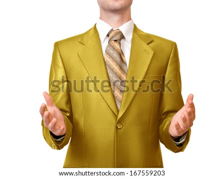 Businessman in gold suit with space between two hands isolated on white background