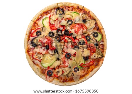 Classic italian vegetarian pizza with cheese, mushrooms, olives, zucchini and tomatoes. Isolated on white. Top view Royalty-Free Stock Photo #1675598350