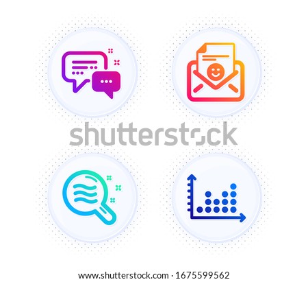 Employees messenger, Smile and Skin condition icons simple set. Button with halftone dots. Dot plot sign. Speech bubble, Positive mail, Search magnifier. Presentation graph. Business set. Vector