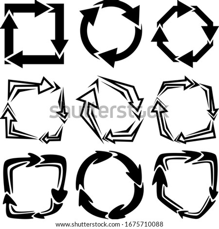 Set of nine abstract images of directional arrows. Images for various purposes. Tattoo, logos and more. Vector image.