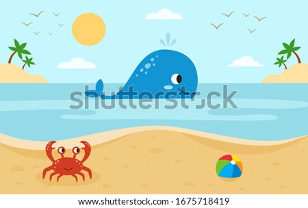 Sea landscape with cute cartoon animals. Big whale and red crab. Beach in summer.