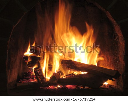Crackling fire in wood-burning fireplace