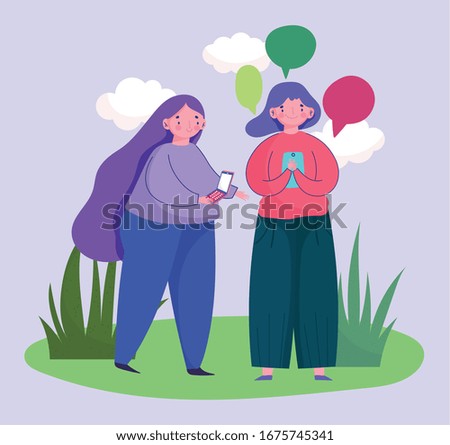young women using smartphone speech bubble talking vector illustration