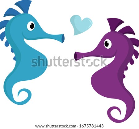 Sea horse in love, illustration, vector on white background.