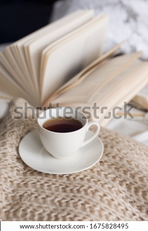 Cup of coffee and book on the bed. Royalty-Free Stock Photo #1675828495