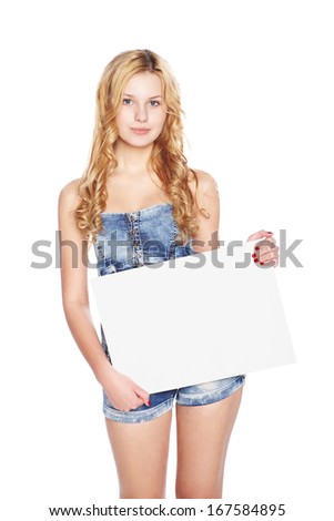 Beautiful blonde young woman with blank banner.