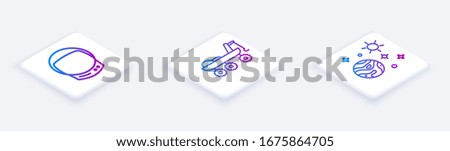 Set Isometric line Astronaut helmet, Mars rover and Space and planet. White square button. Vector