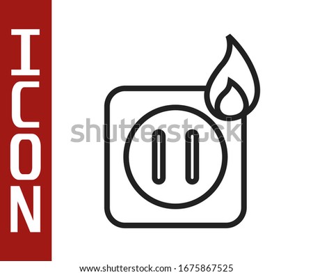 Black line Electric wiring of socket in fire icon isolated on white background. Electrical safety concept. Plug outlet on fire.  Vector Illustration
