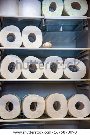 Rolls of toilet paper are stacked in the refrigerator. Funny photo symbolizing the panic in the epidemic of coronavirus covid-2019