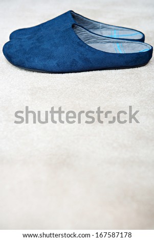 Profile view of a pair of luxury quality slippers resting together on a new beige carpet in a home bedroom, interior detail with no people.