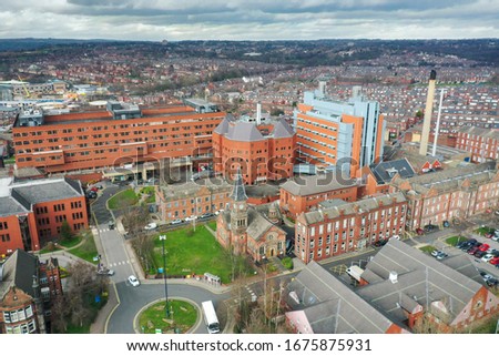 Aerial photo take in the town of Harehills in Leeds just outside the city centre, showing the St James's University Hospital known as Jimmy's showing terrace houses in the background.