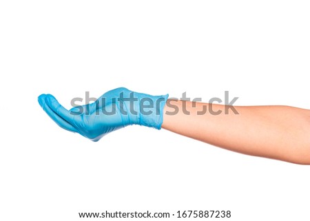 female hand in sterile gloves isolated on white background showing 
hand gestures