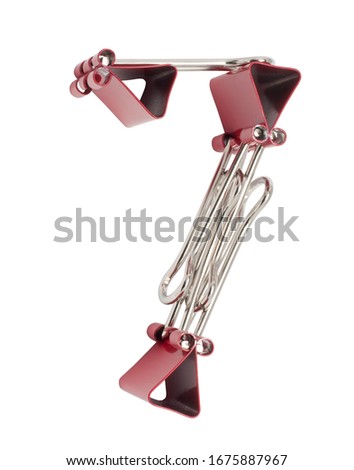 Numeral 7 red binder clips alphabet. Office metal foldback braces. Metal binder clips isolated on white background