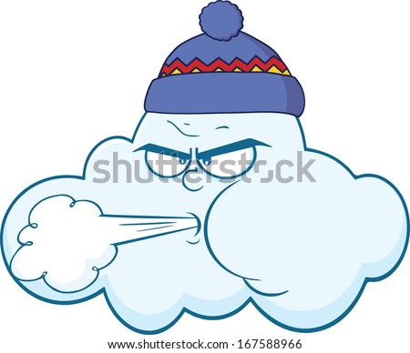Cloud With Face Blowing Wind Cartoon Character. Vector Illustration Isolated on white