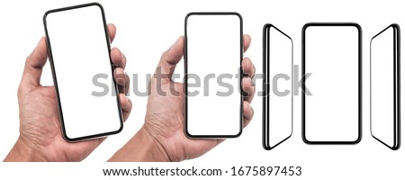 Smartphone frameless mockup. Studio shot of Smartphone with blank screen for Infographic Global Business web site design app, Content for technology - include clipping pat.