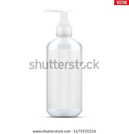 Sanitizer bottle spray with gel. Disinfectant Container with pump dispenser and label. Safety in an epidemic and pandemic. Vector Illustration isolated on white background. Royalty-Free Stock Photo #1675920256