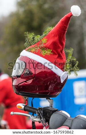 Helmet on a motorcycle of Santa Claus.