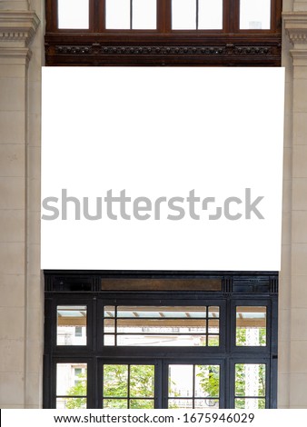 Shop Sign on Window Mockup billboard white background with ancient old windows