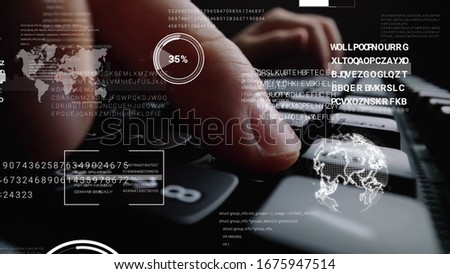 Man working on laptop computer keyboard with graphic user interface GUI hologram showing concepts of big data science technology, digital network connection and computer programming algorithm.