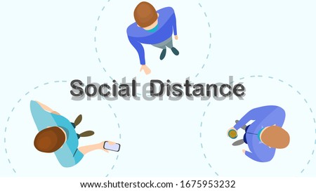 Social distance preventing infection concept : Top view of 1 meter isolation between person to stop spreading of respiratory virus. vector illustration, flat design Royalty-Free Stock Photo #1675953232