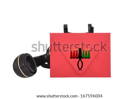 Kwanzaa Candle Holder Red Envelope Telephone Receiver isolated on white background