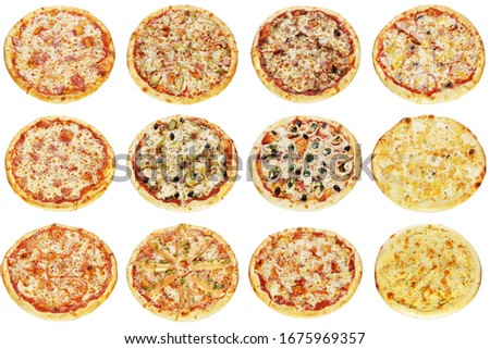 Many various freshly baked pizzas isolated on white background
