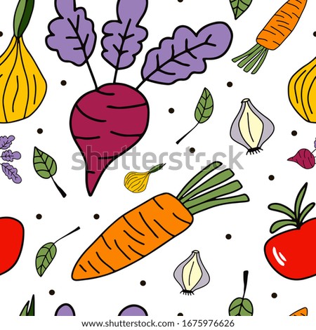 Vegetables. Beetroot, tomato, carrot, onion, garlic and leaves isolated on white background. Vector seamless pattern. Vegetarian healthy food. Vegan, farm, organic, natural illustration.
