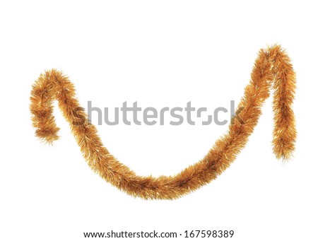 Close up of christmas golden tinsel. Isolated on a white background. Royalty-Free Stock Photo #167598389