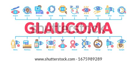 Glaucoma Ophthalmology Minimal Infographic Web Banner Vector. Glaucoma Disease Symptoms And Treatment Eye Drop And Medical Equipment Illustrations
