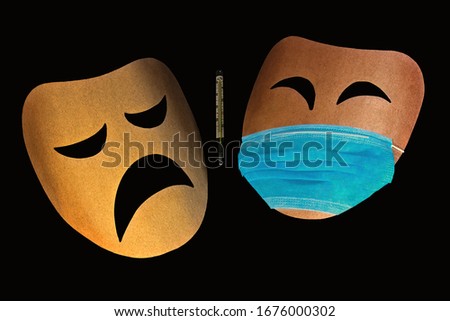 Theater masks sadness and joy separated by a thermometer. Joy in the medical mask. The concept of a complex attitude to the epidemic. Thick textured cardboard. Dark background