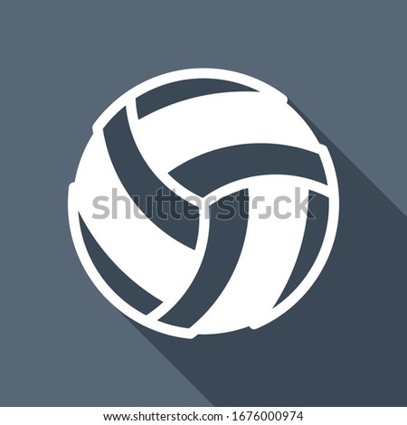 Volleyball ball, beach sport. White flat icon with long shadow on blue background