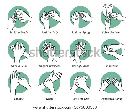 How to use hand sanitizer step by step instructions and guidelines. Vector illustrations artwork of hands sanitizing to kill and disinfect virus, bacteria, and germs. Disinfect correct and proper way. Royalty-Free Stock Photo #1676003353