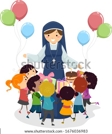 Illustration of Stickman Kids Giving Birthday Gift To a Nun From Balloons, a Cake and Other Gifts