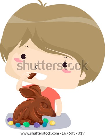 Illustration of a Kid Boy Eating an Easter Bunny Chocolate with Small Eggs