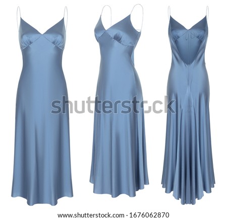 Luxurious light summer blue dress on the shoulder straps with valanas on the skirt, a set of three foreshortenings, front, back and three quarters, clipping, ghost mannequin, isolated on white  Royalty-Free Stock Photo #1676062870