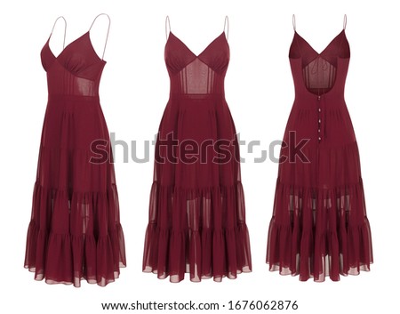 Luxurious light summer wine red dress on the shoulder straps with valanas on the skirt, a set of three foreshortenings, front, back and three quarters, clipping, ghost mannequin, isolated on white  Royalty-Free Stock Photo #1676062876