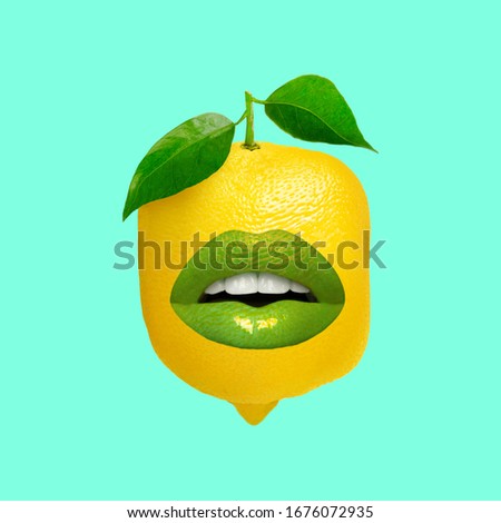 Lemon with green lips. Funny art.