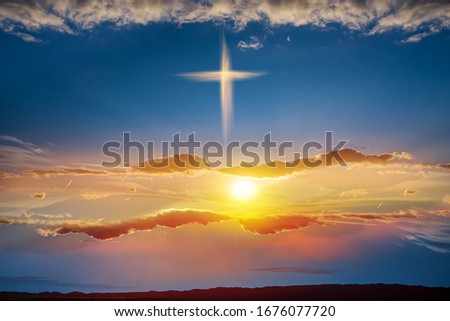 Easter background. Christian cross against celestial clouds