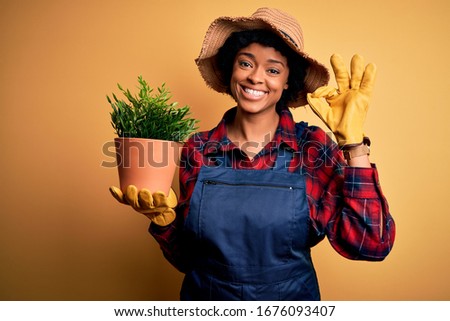 Young African American farmer woman with curly hair wearing apron holding pot with plants doing ok sign with fingers, excellent symbol